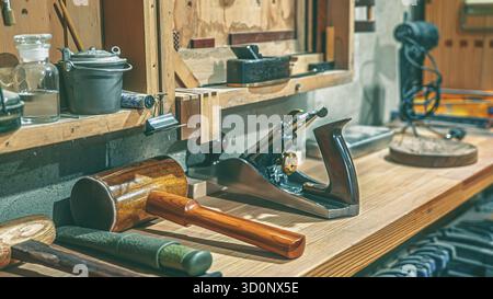 Stimmungsvolle Holzwerkstatt mit einer Sammlung von Vintage-Werkzeugen, darunter ein Holzhammer und ein hochwertiges Handflugzeug aus Gusseisen Stockfoto