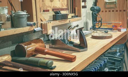 Vintage-Holzwerkstatt mit authentischen Werkzeugen, mit Holzhammer, hochwertigem Gusseisen-Handflugzeug und verschiedenen Metallklammern Stockfoto