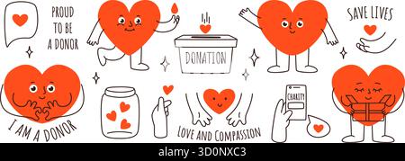 Kritzele Charity Heart Charakter. Spendenbox, Herzen im Gefäß, Spenden mit Liebe, Wohltätigkeits-App auf Smartphone, Hände mit Herz und Spenderelemente Stock Vektor