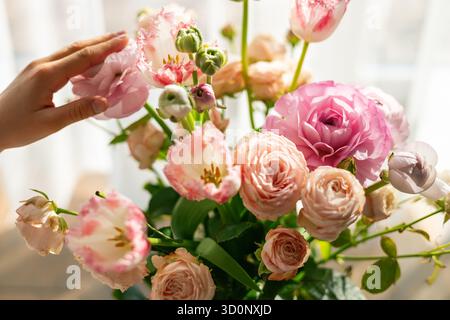 Die Hand der Person berührt sanft den zarten rosafarbenen Ranunkelstrauß, der zarte Pflege und Wertschätzung für schöne Frühlingsblumen zeigt Stockfoto