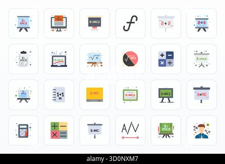 Hochwertige Sammlung von 24 flachen Vektorsymbolen für Gleichungen, die in einer editierbaren Auflösung von 64x64 für eine hervorragende visuelle Wirkung hergestellt wurden. Stock Vektor