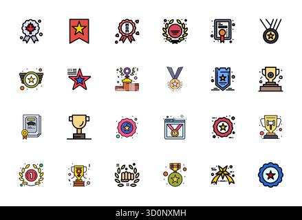 24 mit flachen Linien gefüllte Vektorsymbole wurden für den Award sorgfältig zusammengestellt und bieten eine für hohe Auflösung optimierte Auflösung für eine konsistente Markendarstellung Stock Vektor