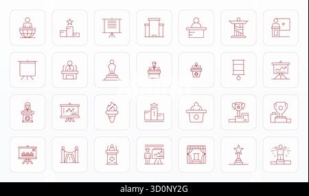 Innovatives Paket mit 28 Vektorsymbolen rund um das Podium, das Thin Line Design im perfekten Format von 256 x 256 PIXEL für moderne digitale Lösungen präsentiert. Stock Vektor