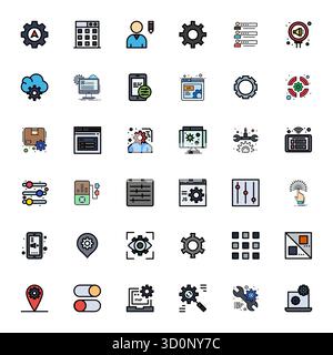 Dieses Vektor-Symbol-Paket für Einstellungen enthält 36 Designs mit flachen Linien im optimierten Format Retina Ready Pixel, perfekt für die Verbesserung digitaler Schnittstellen. Stock Vektor