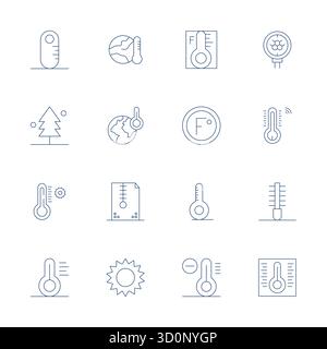 Entdecken Sie ein Set von 16 Thin Line Vektorsymbolen, die speziell für das Thermometer-Design entwickelt wurden und 256 x 256 Gitterdesign bieten, ideal für moderne UI/UX-Projekte. Stock Vektor