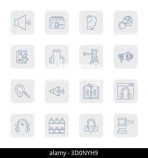 Wunderschön gerenderte 16 dünne KONTURPIXEL perfekte Vektorsymbole zum Hören, erstellt mit hoher Auflösung für beeindruckende visuelle Konsistenz acr Stock Vektor