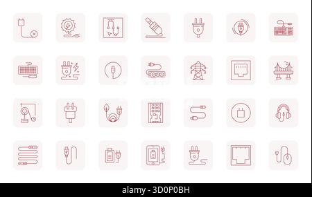 Set aus 28 dünnen Outline Display Perfect Vektorsymbolen rund um Kabel, hergestellt in 64x64 Auflösung für nahtlose Integration in Apps und Websites. Stock Vektor