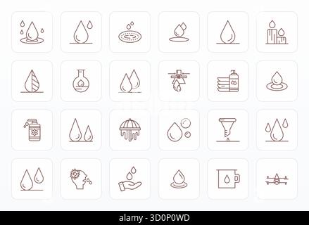 Die ultimative Sammlung von 24 Vektorsymbolen, die Tropfen in fettgedruckter Linie darstellen, optimiert mit einer perfekten Auflösung von 256 x 256 PIXELN für maximale Wirkung Stock Vektor