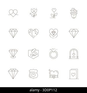 Die ultimative Sammlung von 16 Vektorsymbolen, die Symbol of Love in dünner Linie darstellen, optimiert mit einer ausgerichteten Auflösung von 128x128 Pixeln für maximale Leistung Stock Vektor