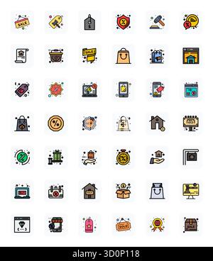 Meisterhaft erstellte 42 Vektorsymbole, die den Verkauf im LineFilled-Design repräsentieren, mit einer ausgerichteten Auflösung von 64x64 Pixeln für außergewöhnliche Bildqualität. Stock Vektor
