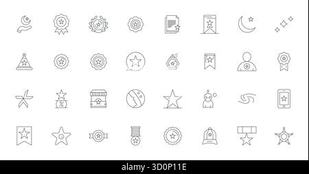 Set aus 32 Thin Line Pixel optimierten Vektorsymbolen rund um Star, in einer Auflösung von 128x128 für eine nahtlose Integration in Apps und Websites. Stock Vektor
