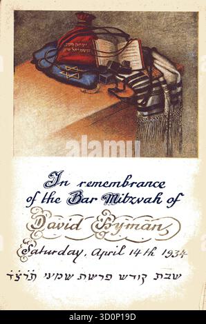 Eine Illustration in einem Wiener Siddur der 1930er Jahre; die Siddur wurde dem Bar Mitzwah Boy David Hyman am 14. April 1934 präsentiert. Der Teil des Sedrah-A-Abschnitts der Thora, der auf einem Shabbat gelesen wurde, war Parashat Shmini 5694; die Zeichnung auf der Seite zeigt eine Tallit- und Tephillim-Tasche mit einem Stern Davids zusammen mit dem Tallit und Tephillim und Siddur Stockfoto