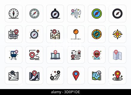 Sorgfältig zusammengestellte 24 gefüllte Linienvektorsymbole für die Reiseplanung mit 64x64 Detailauflösung für konsistente Markendarstellung und Stock Vektor