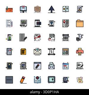 Professionelle Sammlung von 36 mit flachen Linien gefüllten Vektorsymbolen, die das Dokument darstellen, gefertigt mit 128x128 PIXELN perfekter Präzision für Unternehmen A Stock Vektor