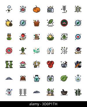 Dieses natürliche Vektor-Symbol-Paket enthält 42 mit flachen Linien gefüllte Designs im Format 128x128 Pixel, perfekt für die Verbesserung digitaler Schnittstellen. Stock Vektor