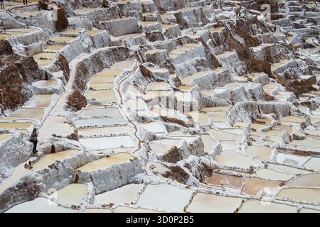 Terrassen-Salinen, auch bekannt als „Salineras de Maras“, das malerischste Reiseziel in der Region Cusco, Peru. Stockfoto