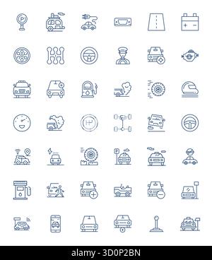 Ein dynamischer Satz von 42 Vektorsymbolen in fettgedruckter Linie, speziell für Autos mit hochauflösender Pixelausrichtung, geeignet für digitale Produkte. Stock Vektor