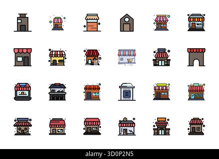 Unverwechselbares Paket mit 24 Pixel optimierten Vektorsymbolen, inspiriert von Small Business, gefertigt im Flat Line gefüllten Format bei 128x128 für unvergessliche Markenexpe Stock Vektor