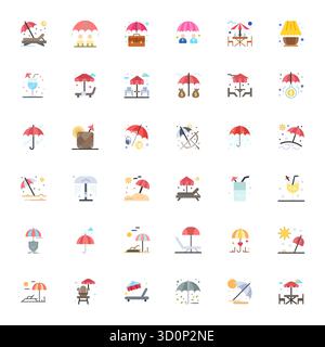 Sorgfältig gefertigte 36 flache Vektorsymbole für Regenschirm, geliefert in 256 x 256 Gitterqualität für kompromisslose Designstandards. Stock Vektor