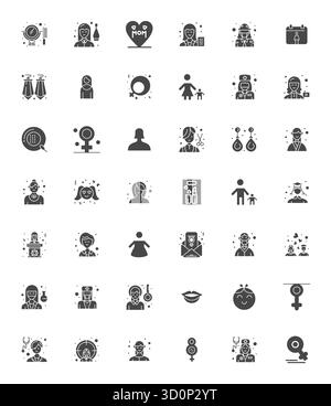 Entdecken Sie ein Set von 42 gefüllten Vektorsymbolen, die speziell für das Frauenmotiv entwickelt wurden, mit 128x128 bearbeitbaren Designs, die ideal für moderne UI/UX-Projekte geeignet sind. Stock Vektor