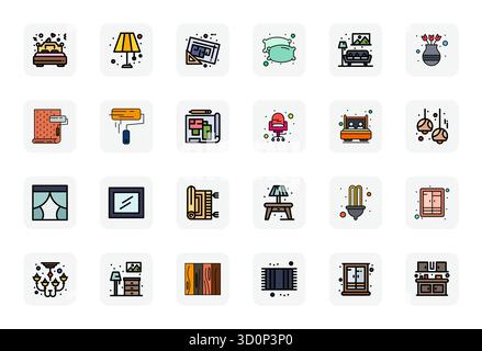 Die ultimative Sammlung von 24 Vektorsymbolen, die das Innendesign in LineFilled-Ästhetik repräsentieren, optimiert mit einer Auflösung von 64x64 Pixeln für Höchstleistungen Stock Vektor
