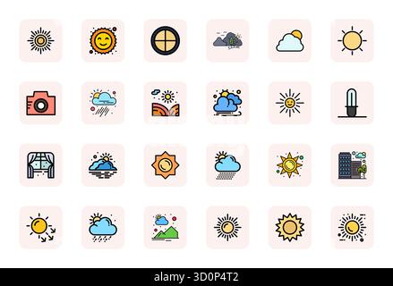 Verwandeln Sie Ihre Designs mit 24 LineFilled Vektorsymbolen rund um das Tageslicht, die in einer Auflösung von 64x64 für maximale Klarheit entwickelt wurden. Stock Vektor