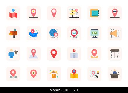 Verwandeln Sie Ihre Designs mit 24 flachen Vektorsymbolen rund um Address, die in einer editierbaren Auflösung in hoher Auflösung für maximale Klarheit entwickelt wurden. Stock Vektor
