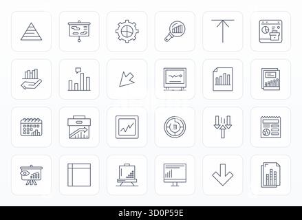 Zeitgenössische Sammlung von 24 Vektorsymbolen, die Diagramme in Bold Line-Ästhetik darstellen, mit Retina Ready Grid-angepasster Auflösung für moderne Anwendungen Stock Vektor
