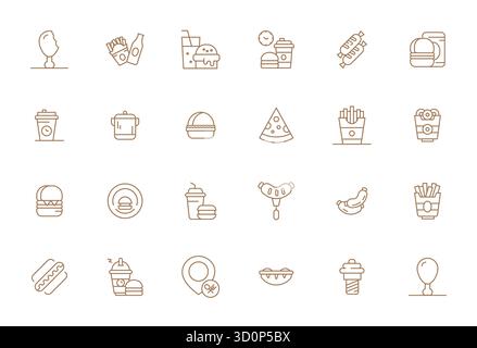 Wunderschön gerenderte Vektorsymbole mit 24 fettgedruckten Pixeln für Fastfood mit einer Auflösung von 256 x 256 für beeindruckende visuelle Konsistenz auf allen Plattformen Stock Vektor