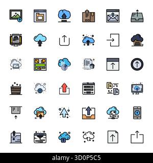 Entdecken Sie eine Reihe von 36 zeilengefüllten Vektorsymbolen, die speziell für das Thema „Datei-Upload“ entwickelt wurden. Sie bieten 256 x 256 PIXEL perfekte Designs, die ideal für moderne UI/UX-Projekte sind Stock Vektor