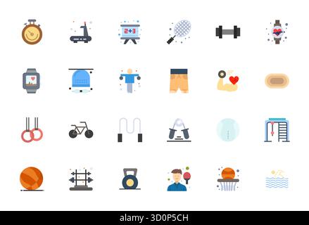Meisterhaft erstellte 24 Vektorsymbole, die Übung in flachem Design darstellen, mit einer editierbaren Auflösung von 64x64 für außergewöhnliche visuelle Qualität. Stock Vektor