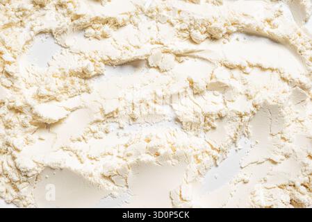 Molkenproteinpulver detaillierte Textur, Draufsicht, Designvorlage. Stockfoto