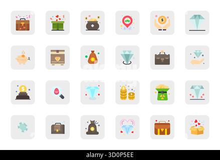 Sorgfältig zusammengestellte 24 flache Vektorsymbole für Treasure mit einer editierbaren Auflösung von 64x64 für konsistente Markendarstellung und Benutzererfahrung. Stock Vektor