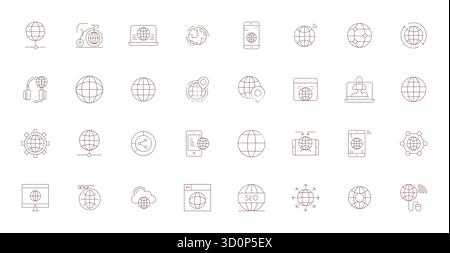 Satz von 32 dünnen Linien Detail Erweiterte Vektorsymbole rund um Global REACH, in hoher Auflösung für nahtlose Integration in Apps und Stock Vektor