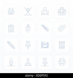 Sammlung von 16 Thin Line bearbeitbaren Vektorsymbolen für Schreibwaren im Retina Ready-Format für Klarheit und Vielseitigkeit. Stock Vektor