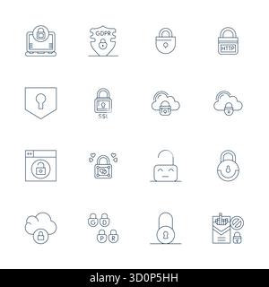 Zukunftsweisendes Paket mit 16 Vektorsymbolen rund um das Vorhängeschloss mit Thin Line-Design und 256x256-Gitter für eine innovative Benutzeroberfläche Stock Vektor