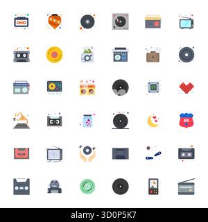 Sorgfältig gefertigte 36 flache Vektorsymbole für Nostalgie, geliefert in High Resolution Pixel optimierte Qualität für kompromisslose Designstandards. Stock Vektor