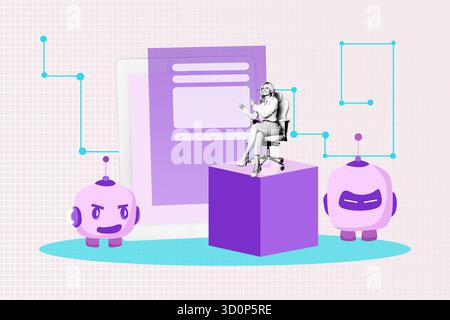 Trend Artwork Template Design 3D Collage Skizze der glücklichen alten Frau Sit Stuhl Cyberspace Graph Entwicklung künstliche Intelligenz Stockfoto