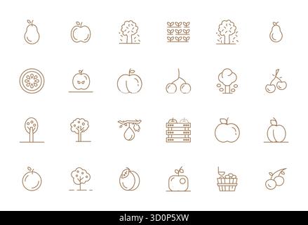 Diese Kollektion enthält 24 optimierte Vektorsymbole für Bold Line Pixel, die speziell auf das Orchard-Design zugeschnitten sind und im Retina Ready-Format für digitales Design optimiert sind. Stock Vektor