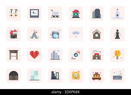 Die ultimative Sammlung von 24 Vektorsymbolen, die modern in flacher Ästhetik repräsentieren, optimiert mit 64x64 Detailauflösung für maximale Wirkung. Stock Vektor