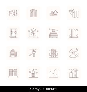 Perfekt ausbalancierte 16 dünne Konturdetails verbesserte Vektorsymbole für Immobilien, Größe in hoher Auflösung für harmonische Integration in digitales Design Stock Vektor
