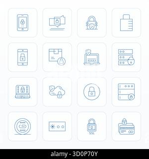 Entdecken Sie 16 bearbeitbare Thin Line-Vektorsymbole in 64x64-Auflösung, inspiriert von verschlüsselten Vektorsymbolen. Perfekt für Web- und App-Schnittstellen. Stock Vektor