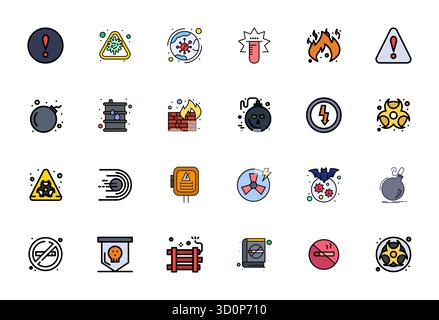 Branchenführende Packung mit 24 Pixel ausgerichteten Vektorsymbolen mit flacher Linie für Gefahrenzeichen, hohe Auflösung für optimales Rendering und Benutzerinteraktion Stock Vektor