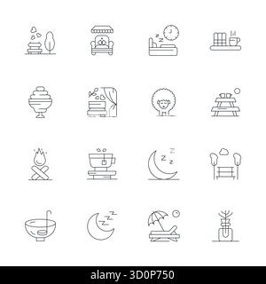 Exklusive Sammlung von 16 Thin Line Vektorsymbolen für Relax, entwickelt mit einer angepassten Auflösung von 128x128 Pixeln für erstklassige Markenerlebnisse. Stock Vektor