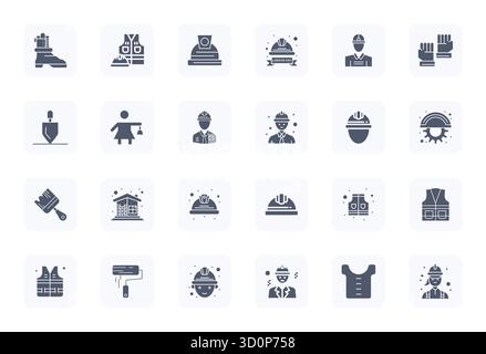 Ein dynamischer Satz von 24 Vektorsymbolen in gefüllter Form, speziell für Bauarbeiter mit editierbarer Qualität in hoher Auflösung, geeignet für digitale Produkte. Stock Vektor