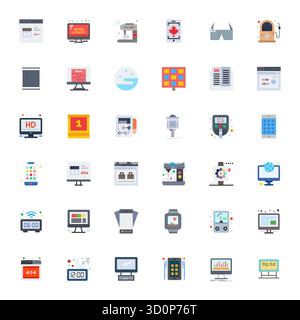 Entdecken Sie eine Reihe von 36 flachen Vektorsymbolen, die speziell für das Thema Digitalanzeige entwickelt wurden und hochauflösende Pixel-optimierte Designs bieten, die ideal für moderne UI/UX geeignet sind Stock Vektor