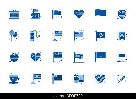 Sorgfältig kuratierte 24 gefüllte Vektorsymbole für Independence, mit einer optimierten Auflösung von 128x128 Pixeln für konsistente Markendarstellung und Benutzer e Stock Vektor