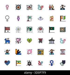 Dieser Satz von 36 mit flachen Linien gefüllten Vektorsymbolen erfasst Darstellungsthemen in 128x128 Grid-angepasster Qualität, perfekt für Technologie- und Geschäftsanwendungen Stock Vektor