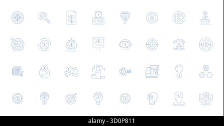 Eine übersichtliche Sammlung von 32 Thin Line Vektorsymbolen, die den ROI darstellen, im hochauflösenden Format mit Gitter für moderne Dashboards und Schnittstellen. Stock Vektor