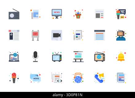 Diese Kollektion enthält 24 bearbeitbare Vektorsymbole, die speziell auf das Thema News zugeschnitten sind und im Format 64x64 für digitales Design optimiert sind. Stock Vektor